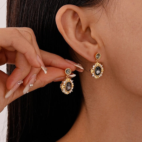 Orecchini Pendenti Ovali Vintage Zircone Perla Artificial Imitazione Rame Con 925 Sterling Silver Earring Post Placcato Oro Barocco