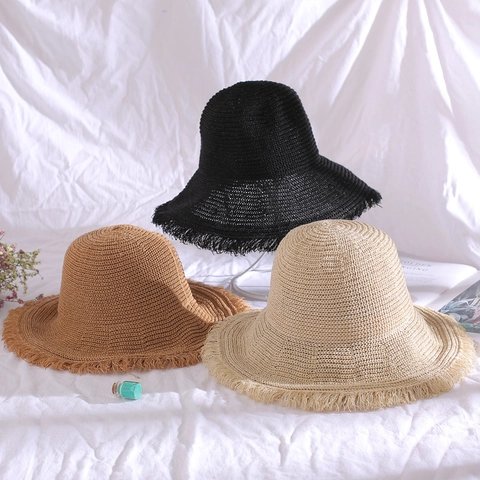 Women's Summer Large Brim Frayed Edge Straw Bucket Hat Breathable Sunshade Beach Sun Hat For Outdoor Vacation Travel