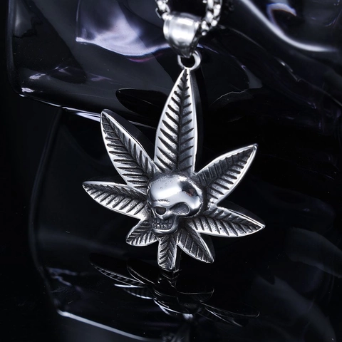 Collana Con Pendente Teschio Foglia Di Cannabis Acciaio Inossidabile Hip Hop Punk Gotico Gioielli Per Uomo Donna Argento Antico