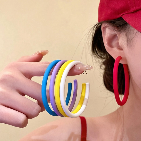 Colorful Hoop Earrings Alloy Geometric Smooth Macaron Dopamine Style Jewelry With Silver Earring Post For Women