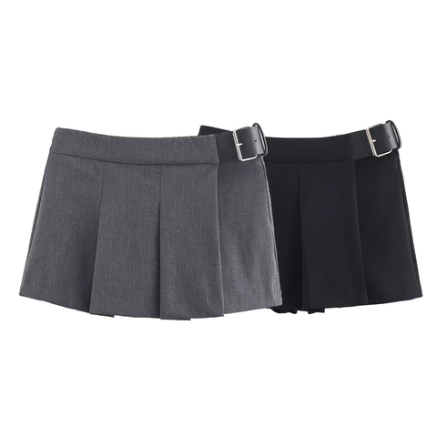 Women High Waist Pleated Skort With Belt A-Line Mini Skirt Shorts Polyester Suit Fabric Fashion Streetwear