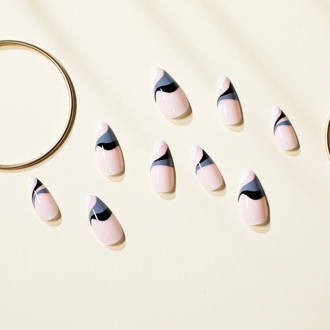 Press On Nails Forme Amande Design Ondulé Encre Abstrait Base Rose Nude Faux Ongles Manucure Pour Femmes
