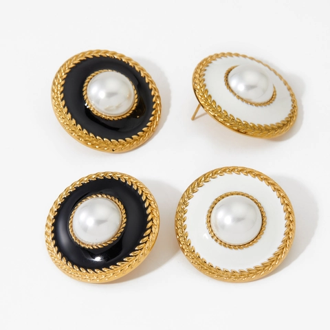 Orecchini Rotondi Vintage Acciaio Inossidabile Perla Artificial Sintetica Smalto Stile Francese Placcato Oro Impermeabile Donna