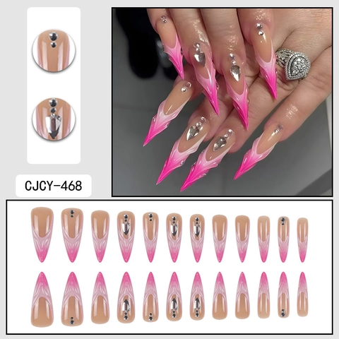 Lange Stiletto Press On Nagels Roze Magenta Gradiënt Ombré 3D Reliëf Strass Kunstnagels