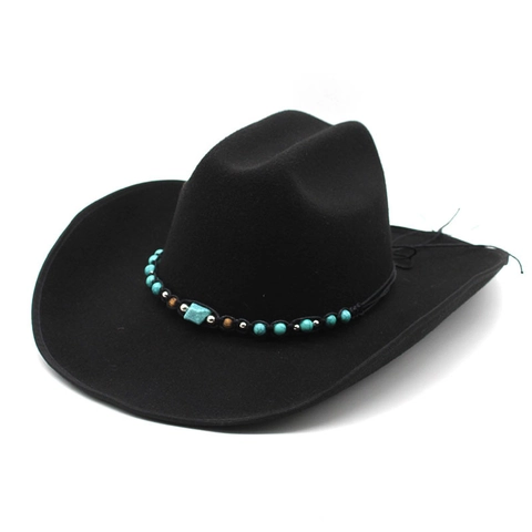 Western Cowboy Hat Wide Brim Rolled Edge Felt Ethnic Turquoise Bead Band Sun Protection Outdoor Unisex Fedora Style