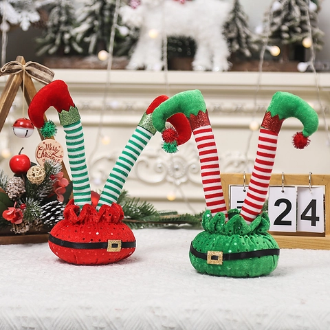 Gambe di Elfo di Natale Ornamento Sottosopra Tessuto a Righe Piedi di Peluche Pieghevoli Con Base di Paillettes per Tavolo