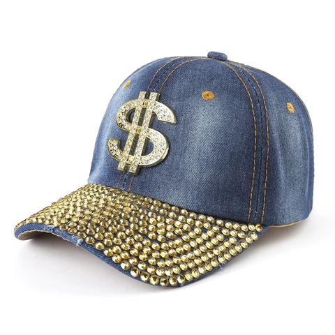 Casquette De Baseball En Jean Lavé Signe Dollar Strass Hip Hop Luxe Protection Solaire Réglable Pour Hommes Femmes