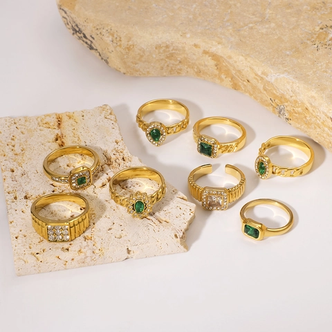 Bagues En Acier Inoxydable Zircon Cubique Vert Émeraude Pour Femmes Bijoux Empilables Géométriques Plaqués Or Étanche
