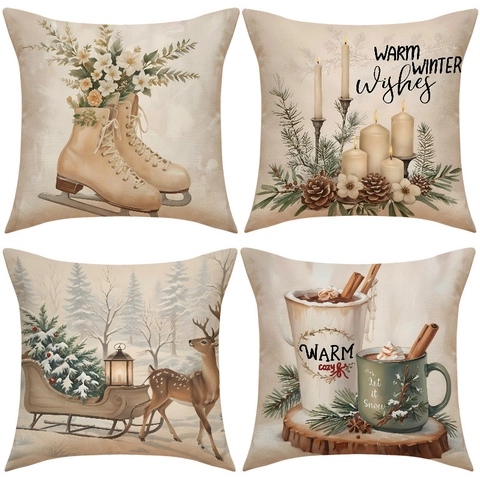 Weihnachts Kissenbezug Leinen Rentier Schlitten Kerze Druck Winter Sofa Deko Vintage Nordisch Feiertag