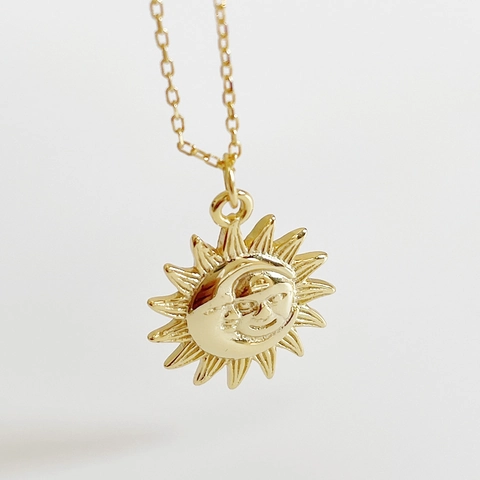 Sonne Und Mond Anhänger Halskette 925 Sterling Silber 18K Vergoldet Vintage Himmlisch Elegant Schmuck Für Damen