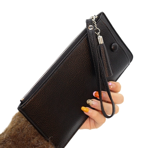 Portafoglio Lungo Donna Pelle PU Grana Litchi Nappa Cinturino Da Polso Cerniera Porta Carte Minimalista Elegante
