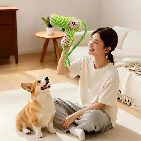 Hair Dryer Shape Dog Squeaky Toy Popcorn Fabric Teeth Cleaning Chewing Interactive Play Cotton Rope Handle Novelty Puppy