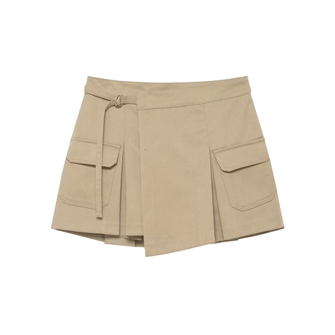 Minigonna Cargo A Vita Alta Tessuto In Twill Tasche Con Patta Cintura Fibbia In Metallo Streetwear Casual Cachi Design A Portafoglio