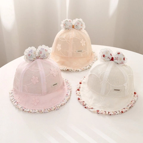Sombrero De Sol Bebé Niña Encaje Bordado Lazo Ala Ancha Transpirable Verano Gorro Pescador Princesa Bebés