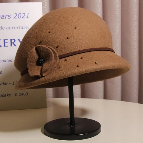 Eleganter Cloche Hut Aus Wollmischung Für Damen Französischer Retro Stil Glockenhut Mit Blumendekor Und Perlenakzenten