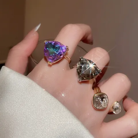 Large Geometric Triangle Rhinestone Open Ring Alloy Crystal Square Adjustable Index Finger Jewelry For Women Light Luxury