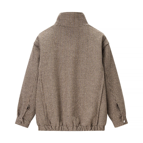 Dames Houndstooth Jas Opstaande Kraag Rits Casual Vintage Losse Pasvorm Polyester Bruin Beige
