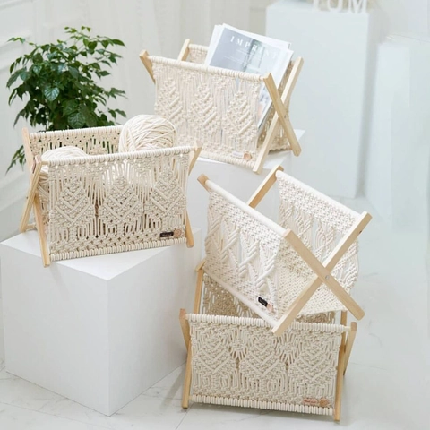 Macrame Magazine Rack Cotton Rope Woven Storage Basket Wooden Standing Holder Nordic Bohemian Style For Books Decor