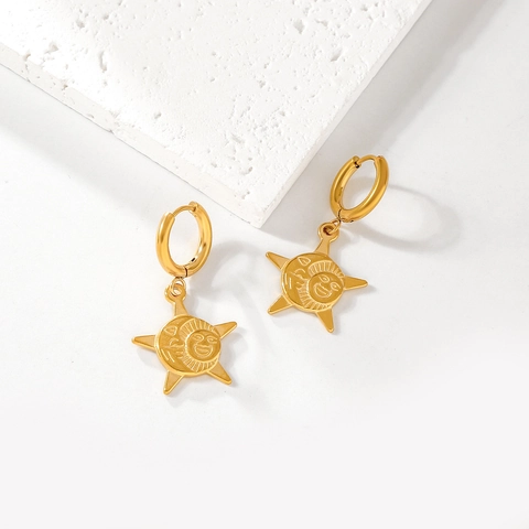 Vintage Edelstahl Vergoldet Sonne Stern Huggie Hoop Ohrringe Für Damen Retro Mode Geometrischer Schmuck