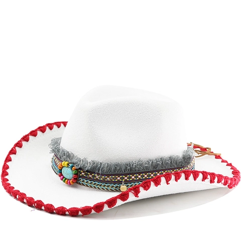 Western Cowboy Hat Ethnic Woven Band Turquoise Decor Polyester Felt Wide Brim Fedora Retro Bohemian Jazz Style For Women Men