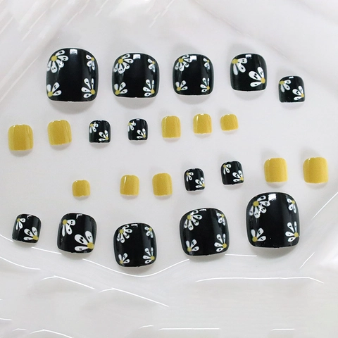 Square Press On Toenails Daisy Floral Design Glossy Black Yellow ABS Plastic Artificial False Toe Nails For Women
