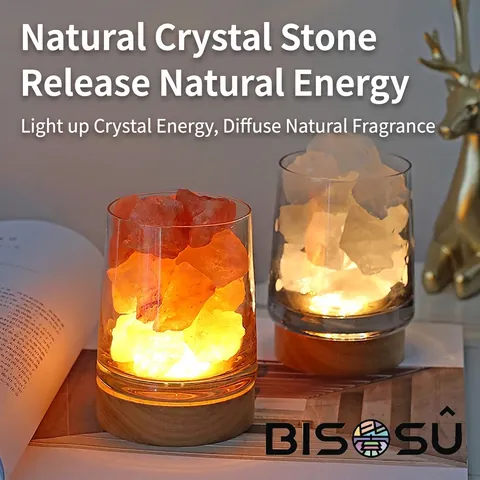 Natural Crystal Stone Aroma Diffuser Night Light With Wooden LED Base Glass Cup For Home Decor Fragrance Relaxing