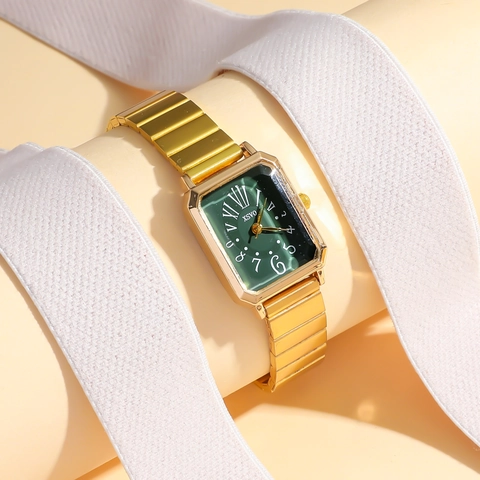 Women Quartz Watch Rectangular Alloy Case Link Bracelet Retro Elegant Fashion Wristwatch For Lady Minimalist Style