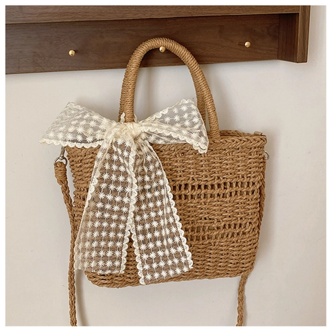 Stro Geweven Schoudertas Handtas Met Kant Boog Satijnn Sjaal Decoratie Grote Capaciteit Zomer Strand Casual Tote Voor Vrouwen