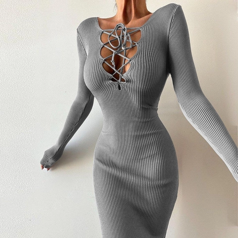 Elegant Long Sleeve Ribbed Knit Maxi Dress Sexy V Neck Lace Up Hollow Out Slim Fit Solid Color Women