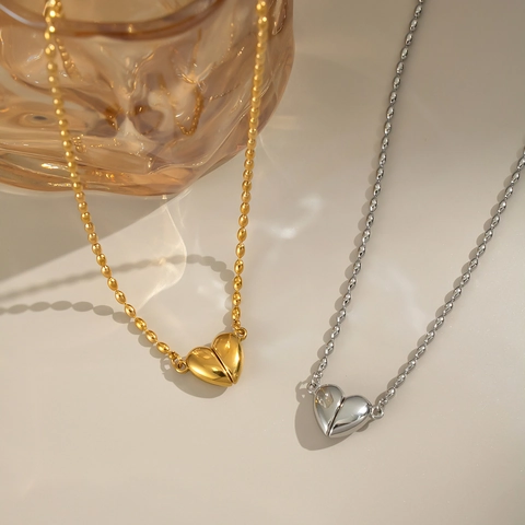 Magnetic Heart Pendant Necklace Stainless Steel 18K Gold Plated Bead Chain Simple Elegant Jewelry Gift For Women Girls