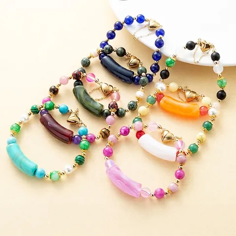 Pulsera De Cuentas Bohemia Vintage Hecha A Mano Con Turquesa Natural Perla Artificial Ágata Piedra Cierre Corazón Para Mujer Joyería