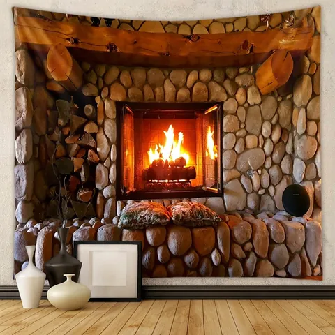 Tapiz Pared Chimenea Realista Tela Poliéster Hogar Piedra Impresión 3D Fuego Cálido Paño Colgante Para Decoración Acogedora Casa