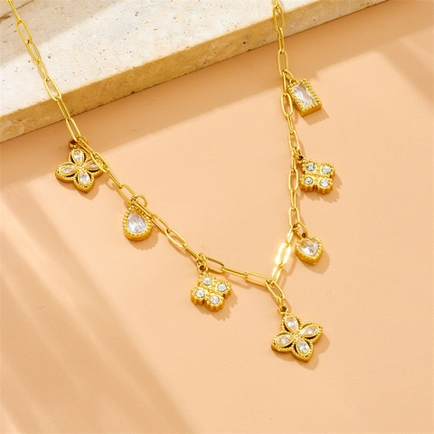 Stainless Steel Necklace Rhinestone Clover Teardrop Pendant French Retro Luxury Gold Plated Jewelry For Women