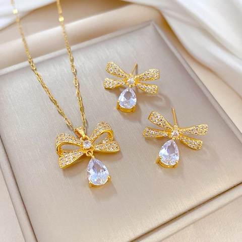 Collana E Orecchini Fiocco Goccia D'acqua Con Perno In Argento Catena In Acciaio Inossidabile Rame Zirconia Gioielli