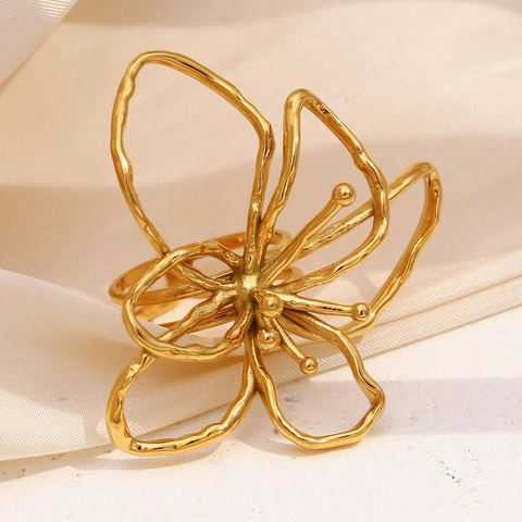 Stainless Steel Flower Open Ring 18K Gold Plated Hollow Line Artistic Fashion Adjustable Jewelry For Women
