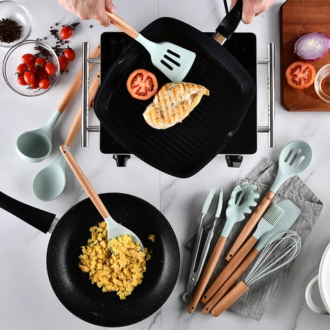 Utensili Da Cucina In Silicone Manico In Legno Resistente Al Calore Antiaderente Strumenti Da Cucina Secchiello Verde