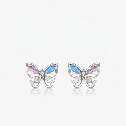 Butterfly Stud Earrings 925 Sterling Silver Colorful Zircon Sweet Elegant Minimalist Korean Fashion Jewelry Women Girls