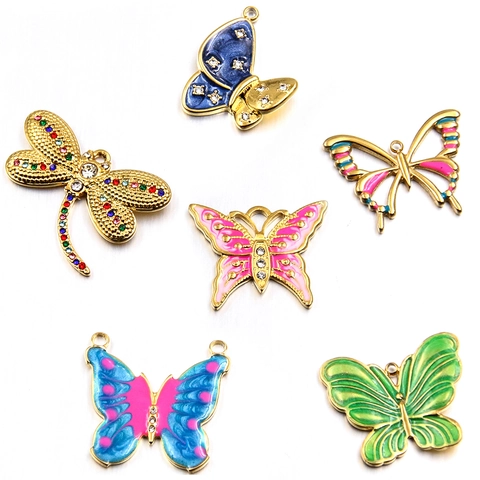Ciondoli Farfalla Libellula Fiore Foglia In Acciaio Inossidabile Smalto Strass DIY Accessori Creazione Gioielli