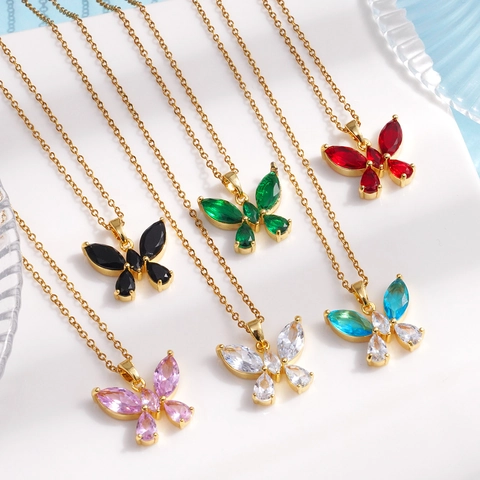Collana Con Pendente A Farfalla Placcato Oro Rame Zircone Colorato Gioielli Di Moda Eleganti Per Donna