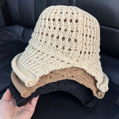 Sombrero De Pescador De Punto Para Mujer Crochet Sombrero De Sol Plegable Transpirable Verano Playa Color Sólido Casual