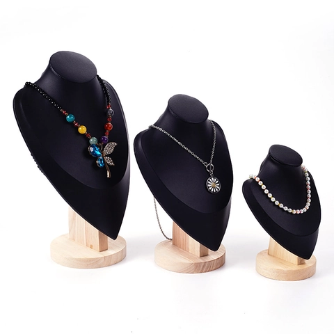 Necklace Display Stand PU Leather Portrait Mannequin Bust Jewelry Organizer Rack With Solid Wood Base Countertop Storage