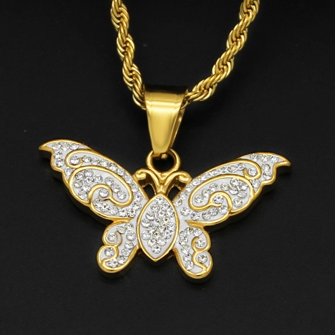 Schmetterling Anhänger Halskette Edelstahl Emaille Strass Hip Hop Schmuck Golden Kreatives Geschenk Accessoire