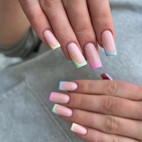 Uñas Postizas Press On French Rainbow Cuadradas Color Macaron Base Nude Plástico Manicura Elegante Para Mujeres
