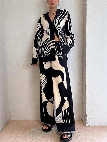 Abbigliamento Donna Con Stampa Geometrica Astratta Camicia Abbottonata A Maniche Lunghe E Pantaloni A Gambα Larga Setosi