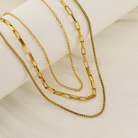 Collana A Strati Da Donna Acciaio Inossidabile Placcato Oro 18K Catena Box Graffetta Gioiello Minimalista