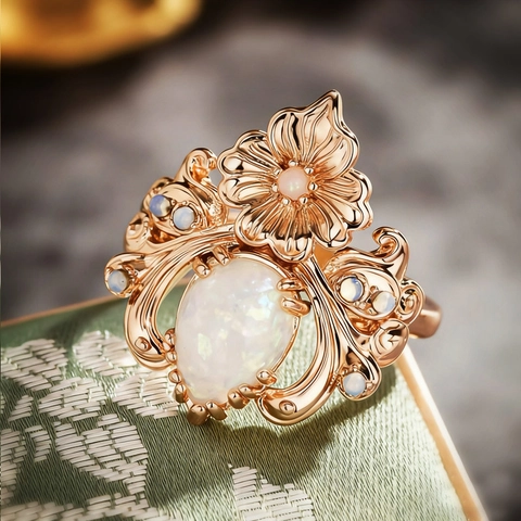Anello Floreale In Rame Vintage Goccia D'acqua Imitazione Opale Rilievo Di Foglia Stile Vittoriano Gioielli Eleganti Per Donna