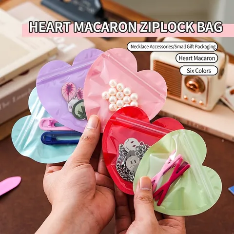 Heart Shaped Self Sealing Plastic Jewelry Packaging Bags Macaron Color Gift Pouches With Clear Window Dustproof For Small Items