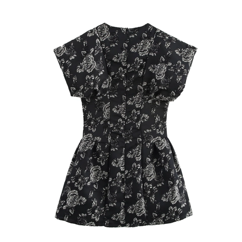 Robe Courte Jacquard Rose Vintage Manches Courtes Taille Haute Ligne A Style Élégant Fermeture Éclair Dos Femmes