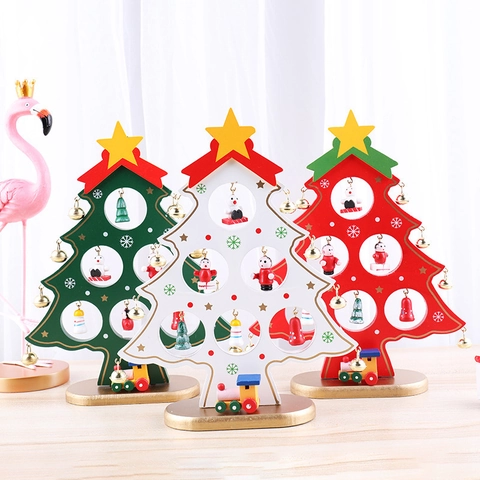 Mini Wooden Christmas Tree Desktop Ornament With Miniature Figurines And Metal Bells Festive Holiday Home Decoration