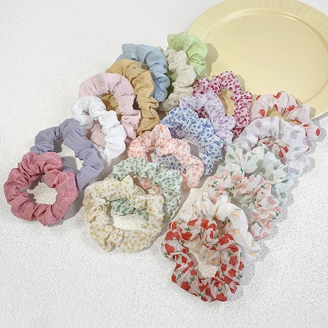 Korean Style Floral Polka Dot Scrunchies Fabric Pleated Hair Ties Sweet Vintage Fruit Print Elastic Ponytail Holders For Women